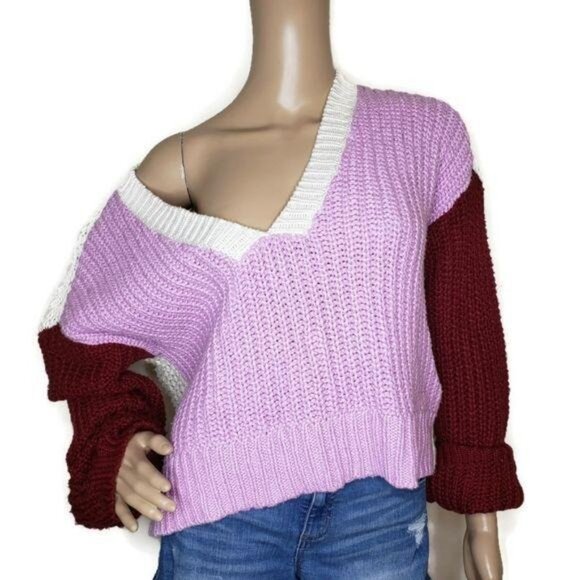 Wildfox NWT Colorblock V-Neck chunky knit Cropped Sweater Large pink maroon - Picture 11 of 12